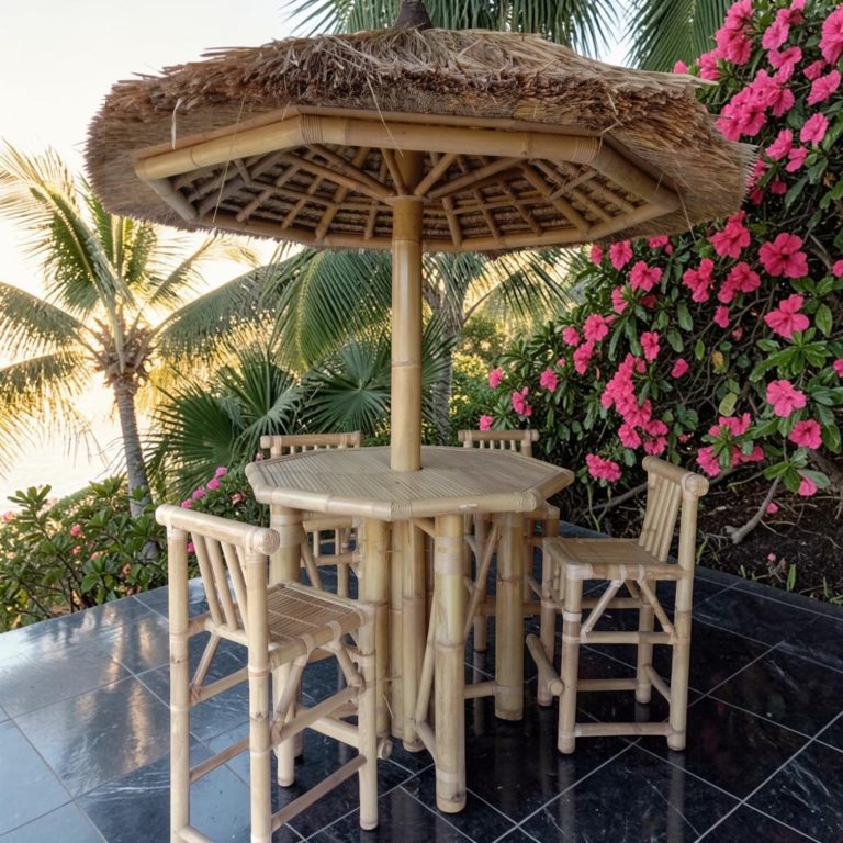 Mange Debout avec Parasol Table en bambou avec parasol, entourée de fleurs et de palmiers.
