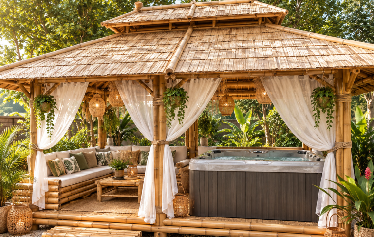 Paillote en Bambou dans jardin exotique en bord de piscine toiture Alang Alang