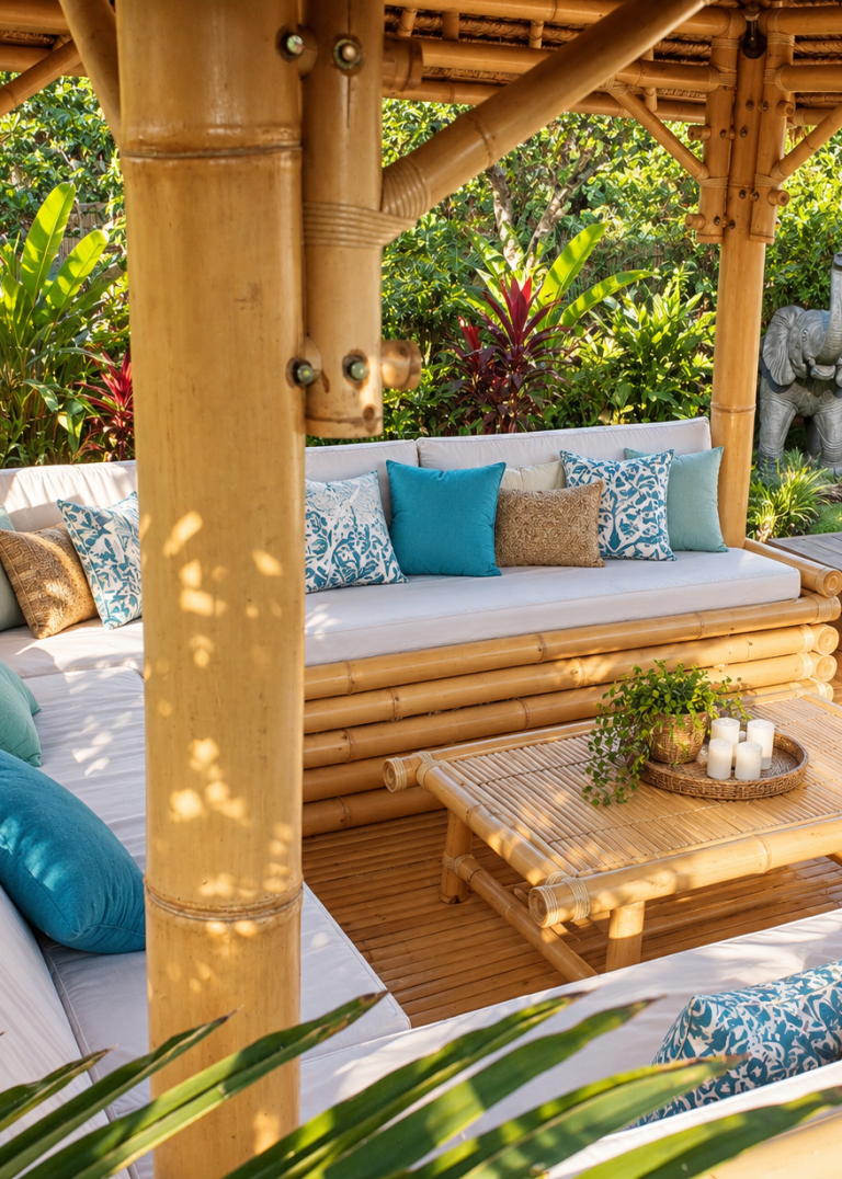 Paillote en Bambou dans jardin exotique en bord de piscine toiture Alang Alang